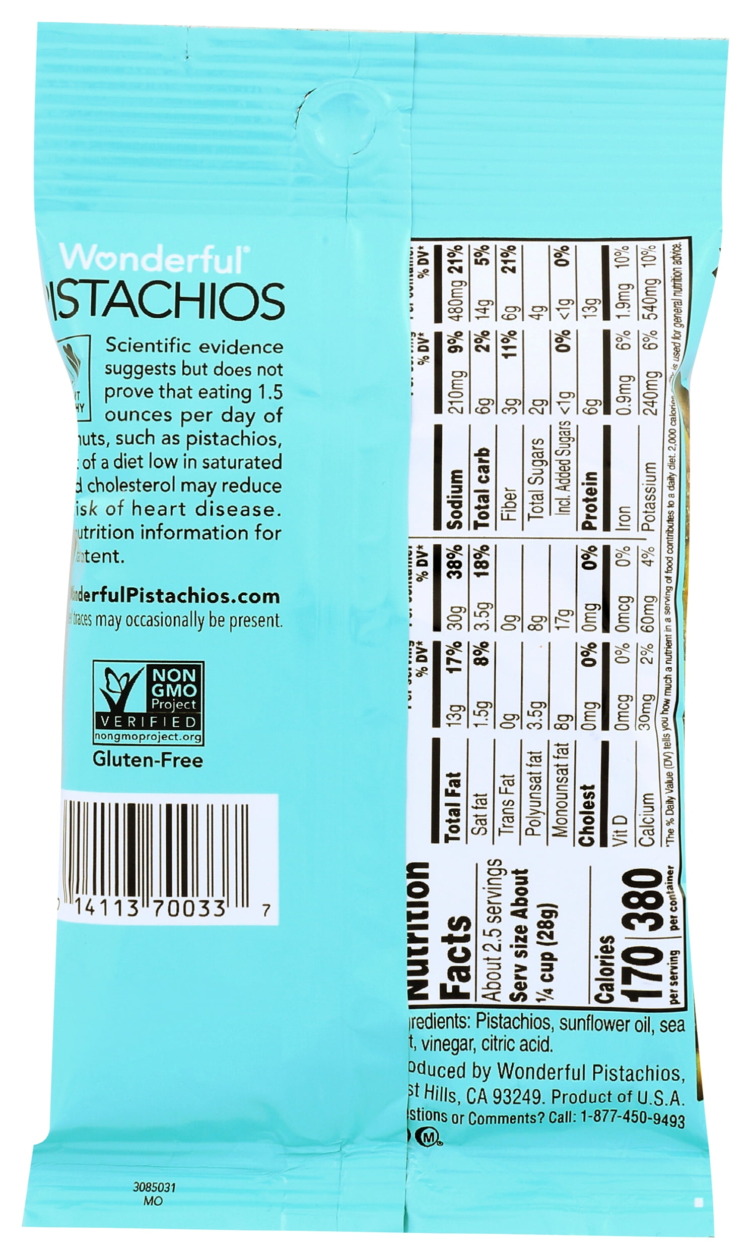 Pack of 8, Wonderful Pistachios Sea Salt & Vinegar, 2.25 oz