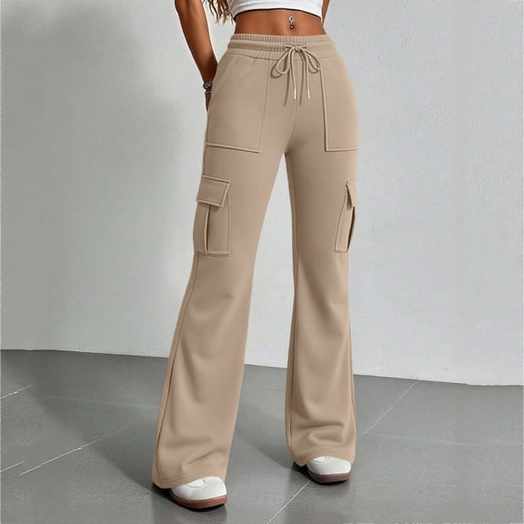 Endives Women's Cargo Pants High Waist Flare Pants Casual Trousers with Multi Pockets Elastic Drawstring Waist Solid Color Work Pants for Women