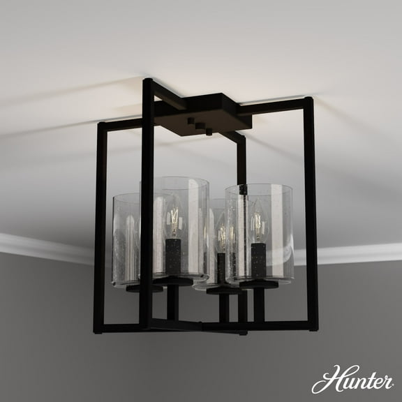 Hunter - Kerrison 4-light Natural Black Iron, Large Flush Mount Light, Dimmable, Modern Style, Square Shaped, for Bedrooms, Dining, Living Rooms - 19546