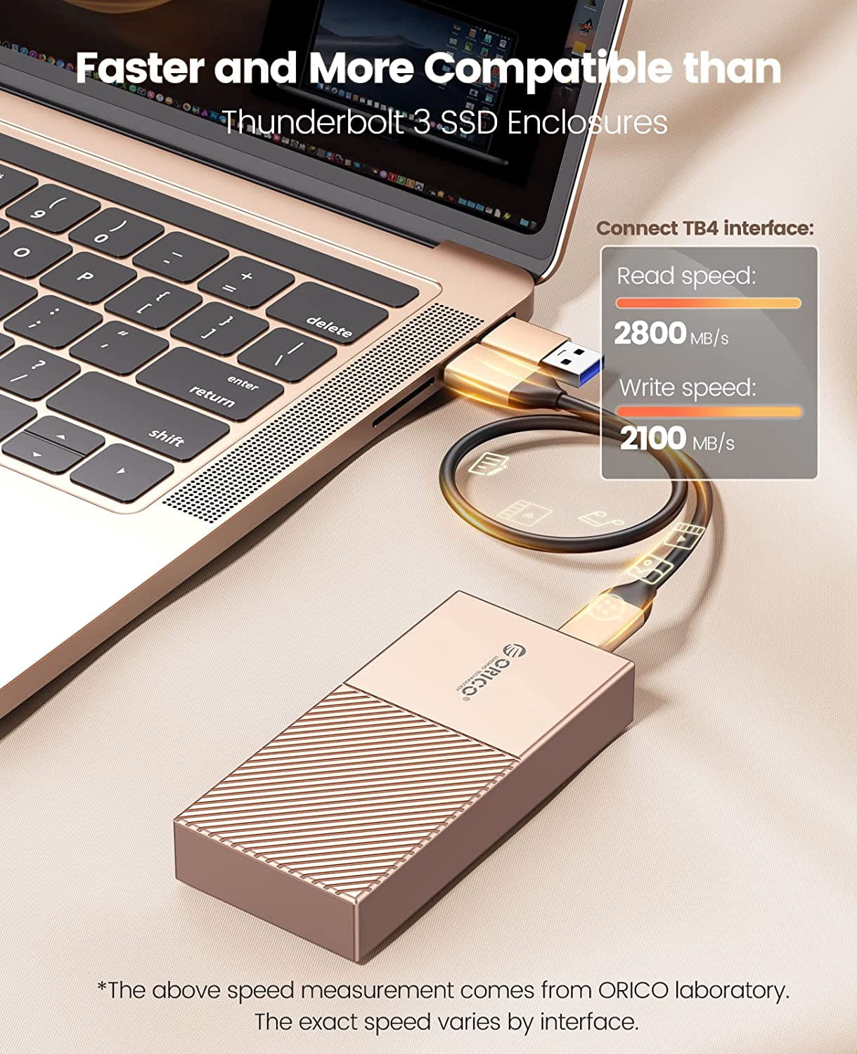 ORICO M.2 NVME SSD Enclosure 40Gbps PCIe3.0x4 USB Type-C Aluminum Adapter, NVME 2280 M-Key(B+M Key) External Solid State Drive Case,Compatible with Thunderbolt 3/4 USB3.2/3.1/Type C-Golden(No Drive)