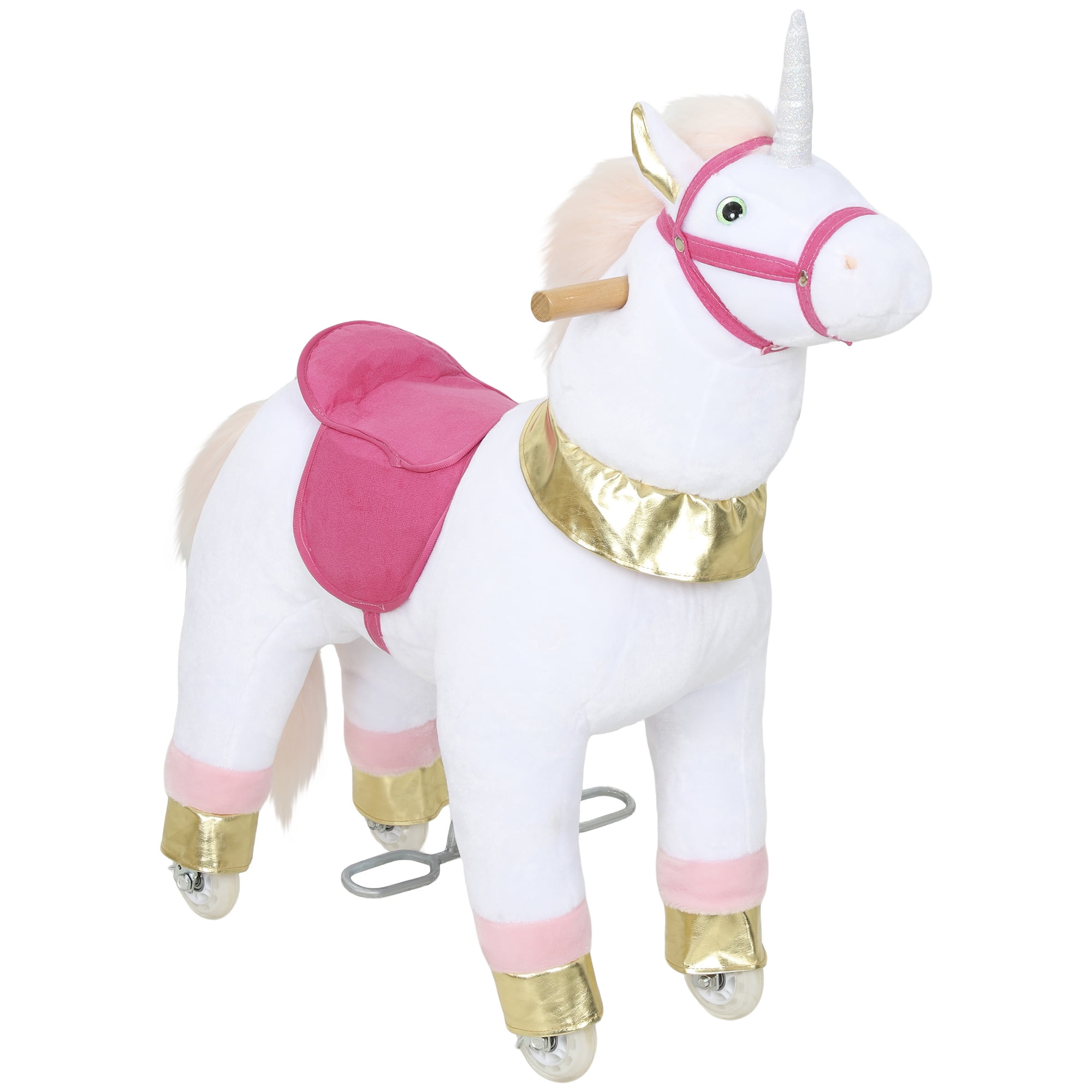 Qaba Ride on Unicorn Toy for Kids 3-5 Years, 29.5 Inch Plush Baby Rocking Horse, Mechanical Walking Animal with Wheels, No Batteries Required, White