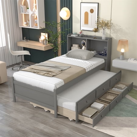 Twin Size Bed with Bookcase Headboard  Wooden Platform Bed with Twin Trundle and Storage Drawers  Bed Frame with Slat Support for Kids Boys Girls Teens  85  L x 42.3  W x 41.2  H  Gray