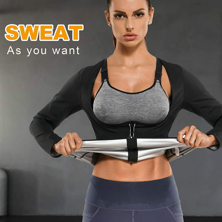 Nebility Sauna Suit for Women Sweat Body Shaper Jacket Hot Waist Trainer  Long Sleeve Zipper Shirt Workout Top(Black Small) 