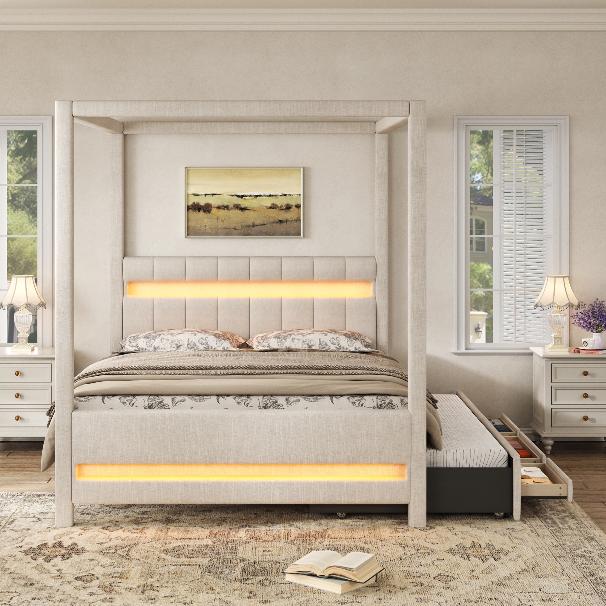 Queen Size Upholstered Canopy Platform Bed with Twin Trundle, 3 Storage Drawers and LED Lights