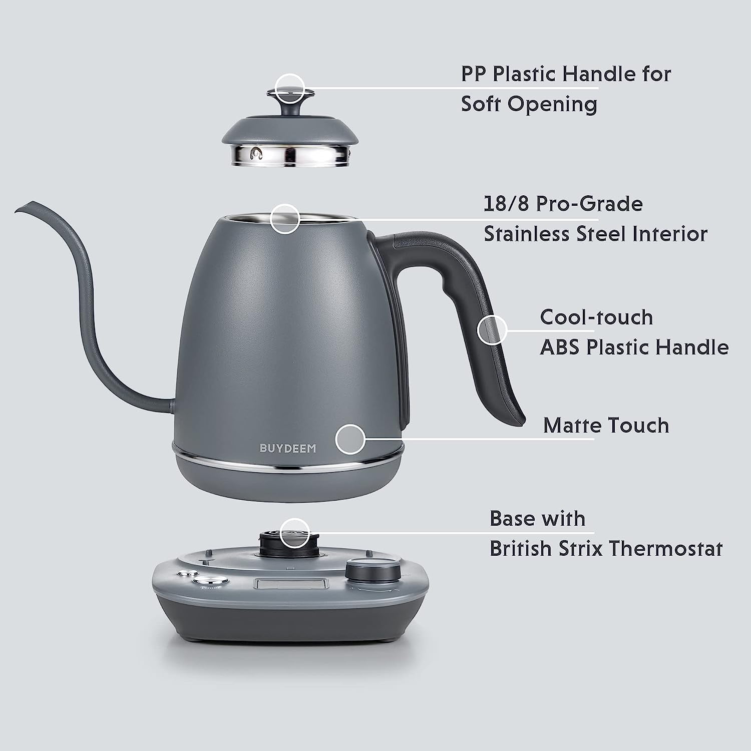 BUYDEEM Gooseneck Electric Pour-Over Kettle, Stainless Steel Coffee Tea Kettle with Variable Temperature Control, Ink Grey