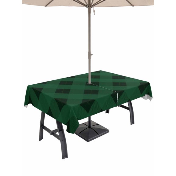 Outdoor Tablecloth with Umbrella Hole and Zipper, Christmas Rectangle Table Cloth 52x70 Inch Waterproof Tablecloth, Retro Farmhouse Green Black Buffalo Plaid Picnic Table Cover for Patio Camping