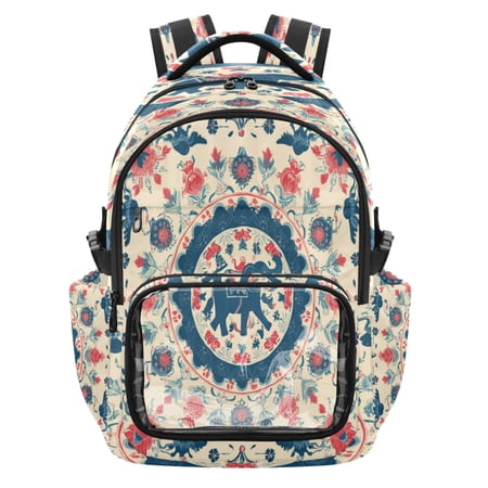 PVC Casual Backpack 25L Daypack with Laptop Compartment Lightweight Travel Backpack for Work Outdoor Activities Blue and Red Tibetan Pattern