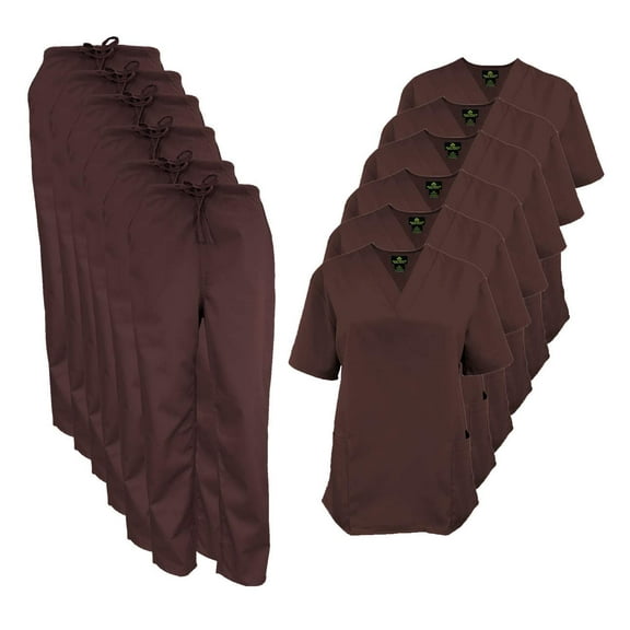 M&M SCRUBS Women Scrub Set V-Neck Medical Scrub Tops and Drawstring Pants - Pack of 6 Set (Chocolate, XX-Small)