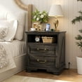 thumbnail image 3 of Aheaplus Charging Nightstand: Farmhouse Bedside Table with 2 USB Ports, 3 Outlets, 2 Drawers & Shelf for Bedroom,Gray Oak, 3 of 6