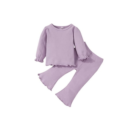 

Canrulo 2Pcs Toddler Baby Girls Fall Outfits Ribbed Solid Pullover T Shirt Tops Flared Pants Clothes Purple 2-3 Years