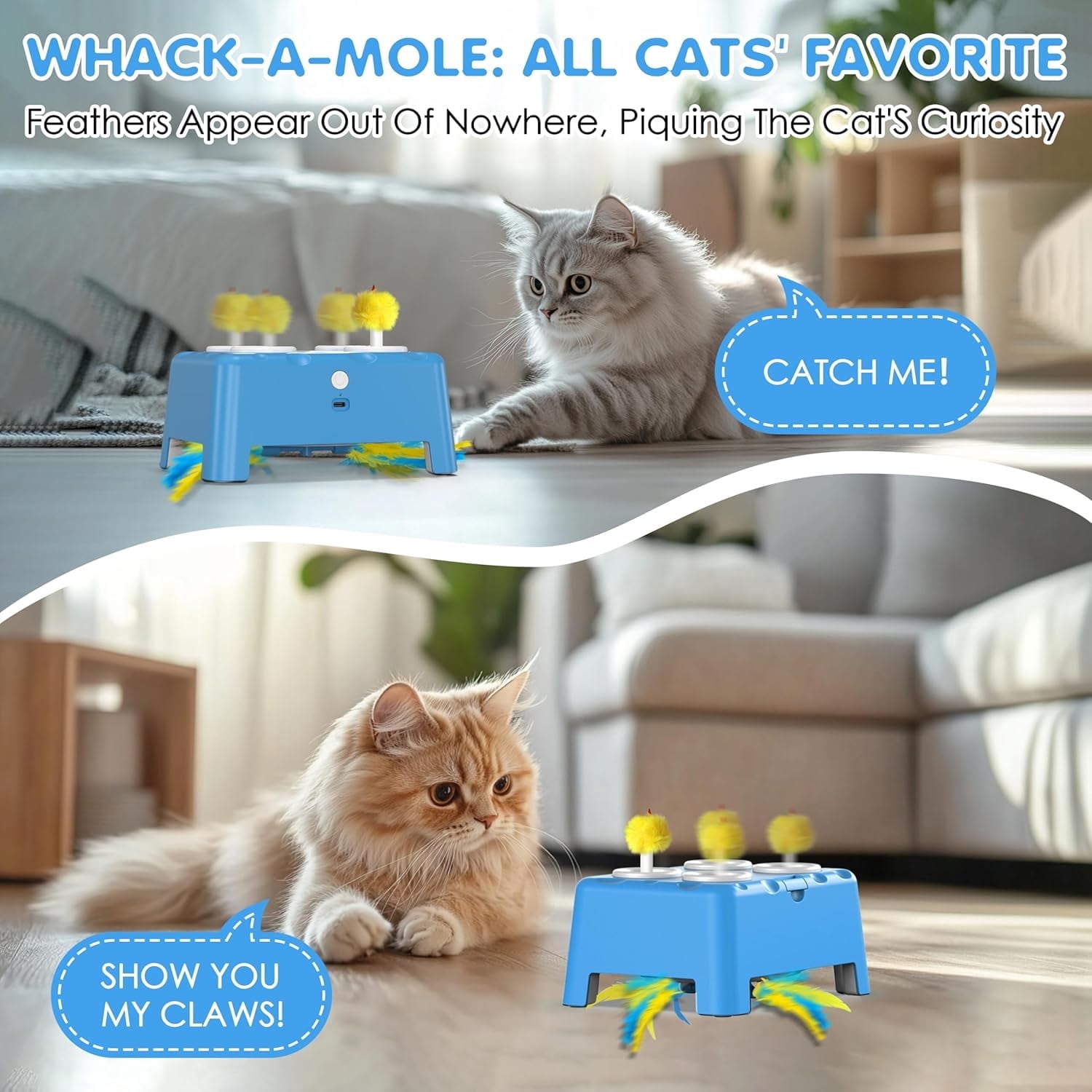 Cat Toys, Interactive Cat Toys, 2-in-1 Automatic Cat Toy, 4 Holes Mice Whack A Mole Cat Mouse Toy with Moving Feather, Portable USB Rechargeable Electronic Kitten Toys