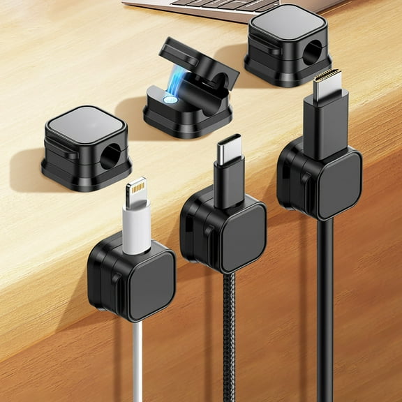 Teqhome 6 Pack Magnetic Cable Clips Cord Holder Under Desk Cable Management Adhesive Wire Holder Keeper Organizer for Home Office Desk Phone Car Wall Desktop Nightstand Black