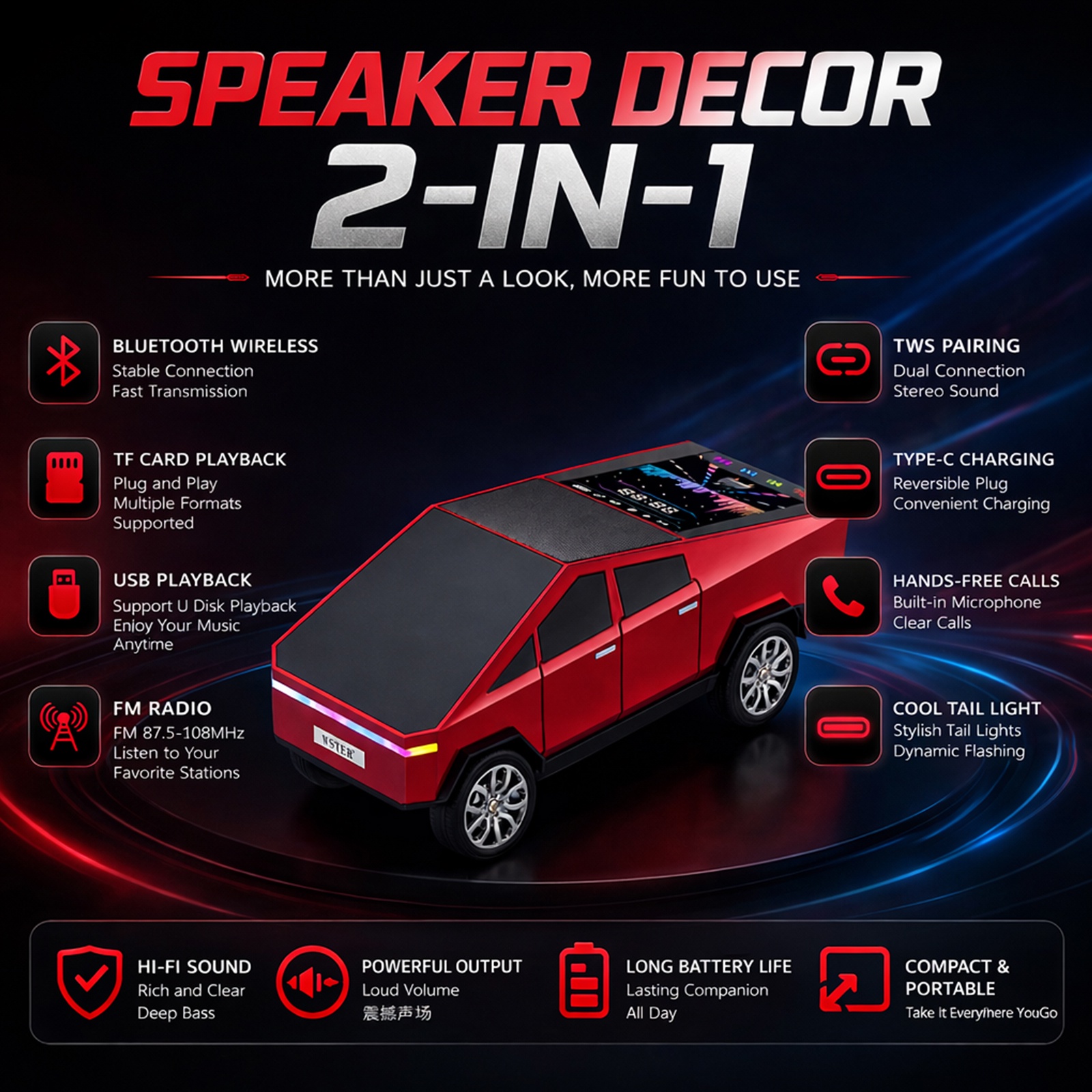 WSTER WS-580 Cybertruck Portable Bluetooth Speaker, 15W photo 3