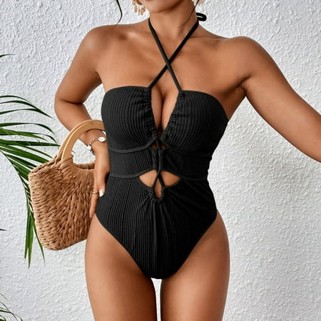 POROPL Womens Swimsuits One Piece Bikini Halter Top Swim Padded Swim Black Size S-XL