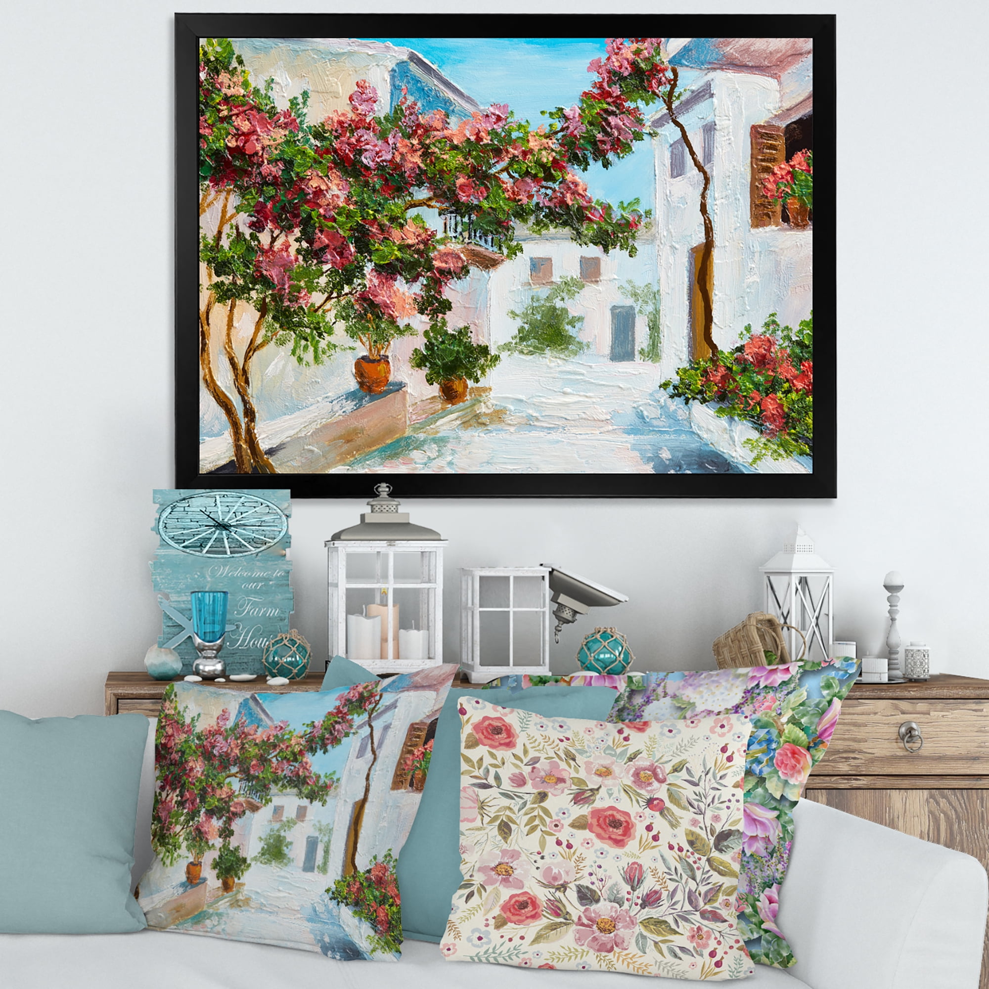 Designart 'Blossoming Flowers With White House Near The Sea' Nautical & Coastal Framed Art Print