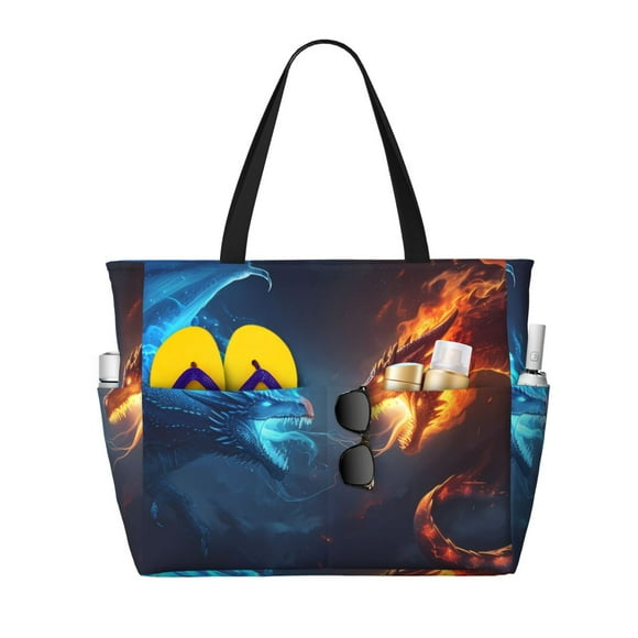 Disketp Red And Blue Fire Dragon C Bolsa de Playa de Gran Capacidad, Bolso Impermeable y a Prueba de Arena para Mujer, Ideal para Playa, Piscina y Natación
