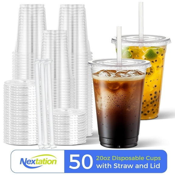 Nextation 50 Pack 20oz Plastic Cups with Lids and Straws, Clear, Disposable Cold Drink Cups for Iced Coffee, Smoothies and Coffee Bar Accessories
