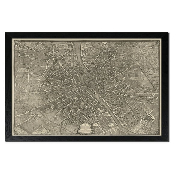 Historic Panoramic Paris France Map 1736; One 18x12in Black Framed Print
