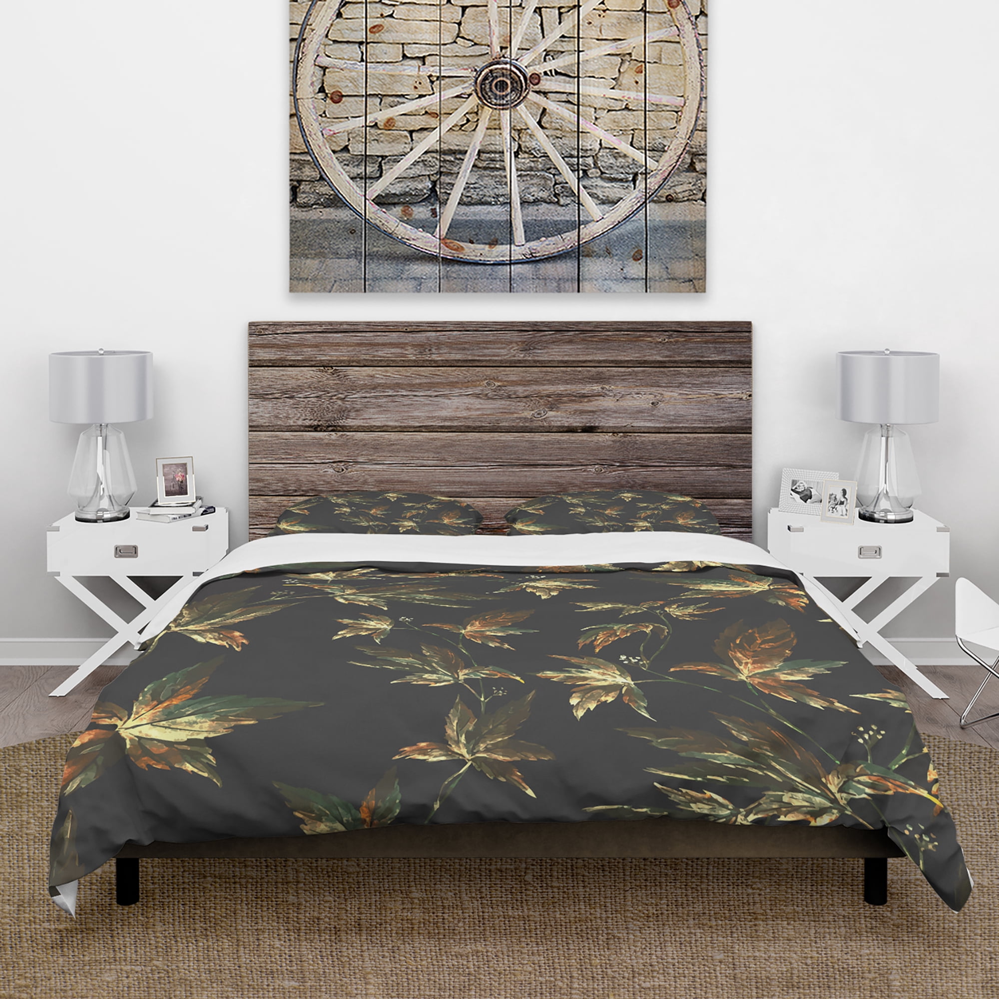 Designart 'Brown and Green Autumn leaves' Vintage Duvet Cover Set