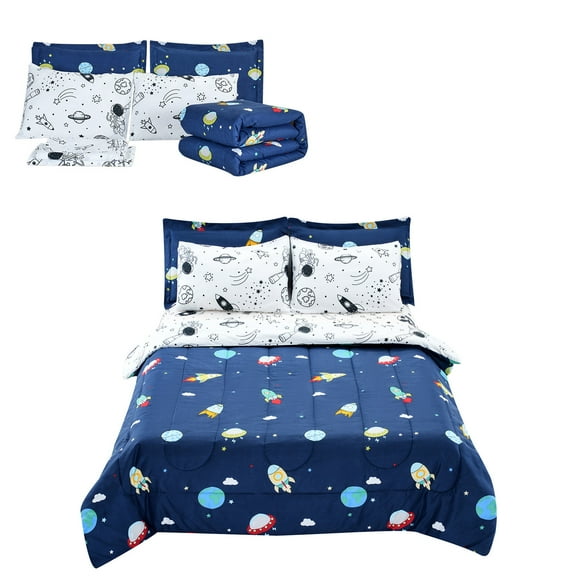 KFFKFF Kids Comforter Set, 7 Pieces, Twin Bedding Collection with 1 Comforter, 1 Flat Sheet, 1 Fitted Sheet, 4 Pillowcases, Soft Microfiber & Space Design, Bedding Set for Boys, Girls, Teens