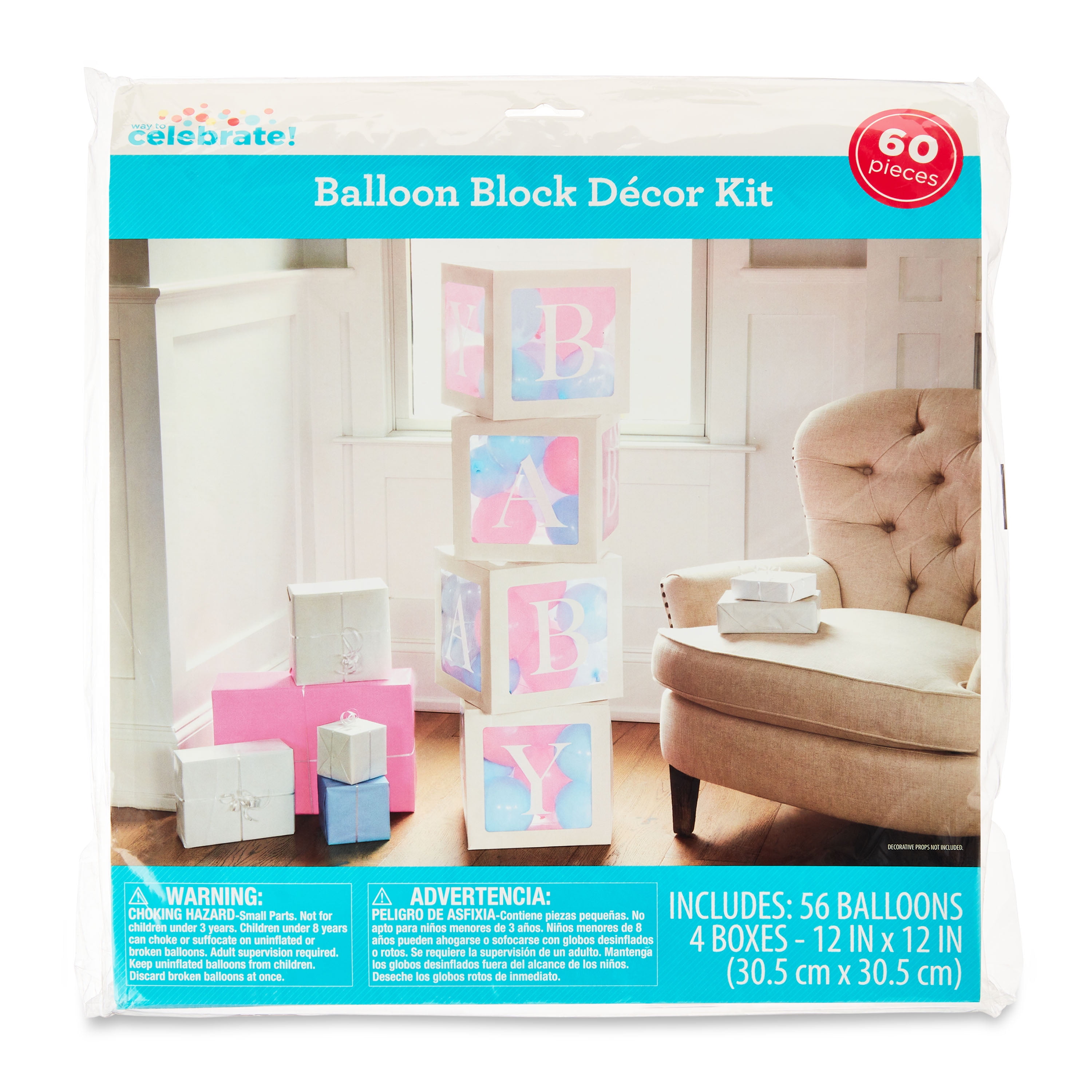 Pink and Blue Baby Balloon Block Decor Kit, 60 Pieces, by Way To Celebrate
