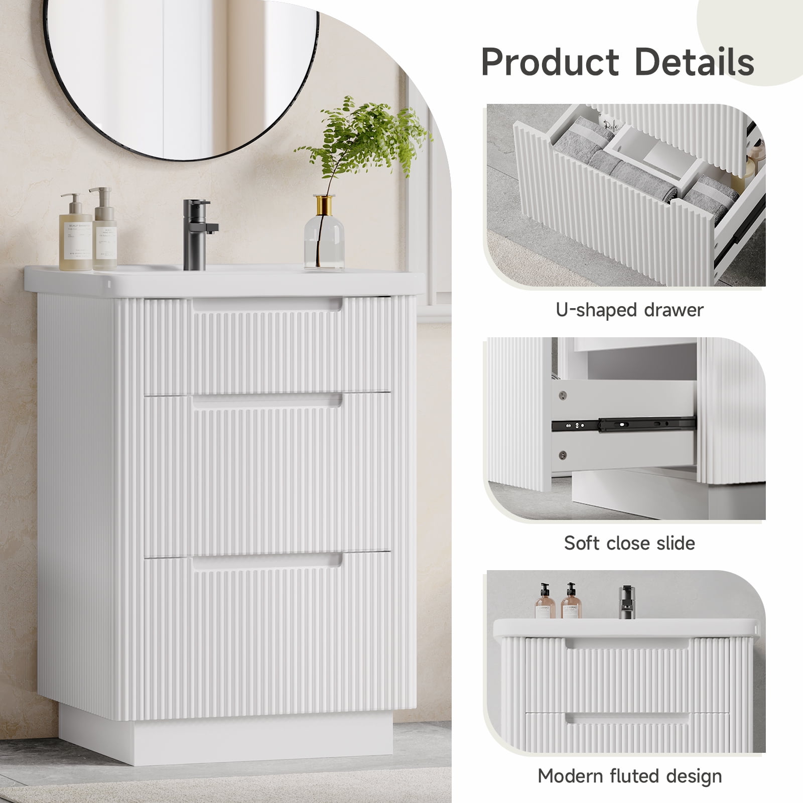 24 inch Bathroom Vanity with Ceramic Sink, Modern Floor Vanity Sink Cabinet with 3 Drawers, Fluted Free Standing Bathroom Storage Cabinet with Sink Combo Set, White