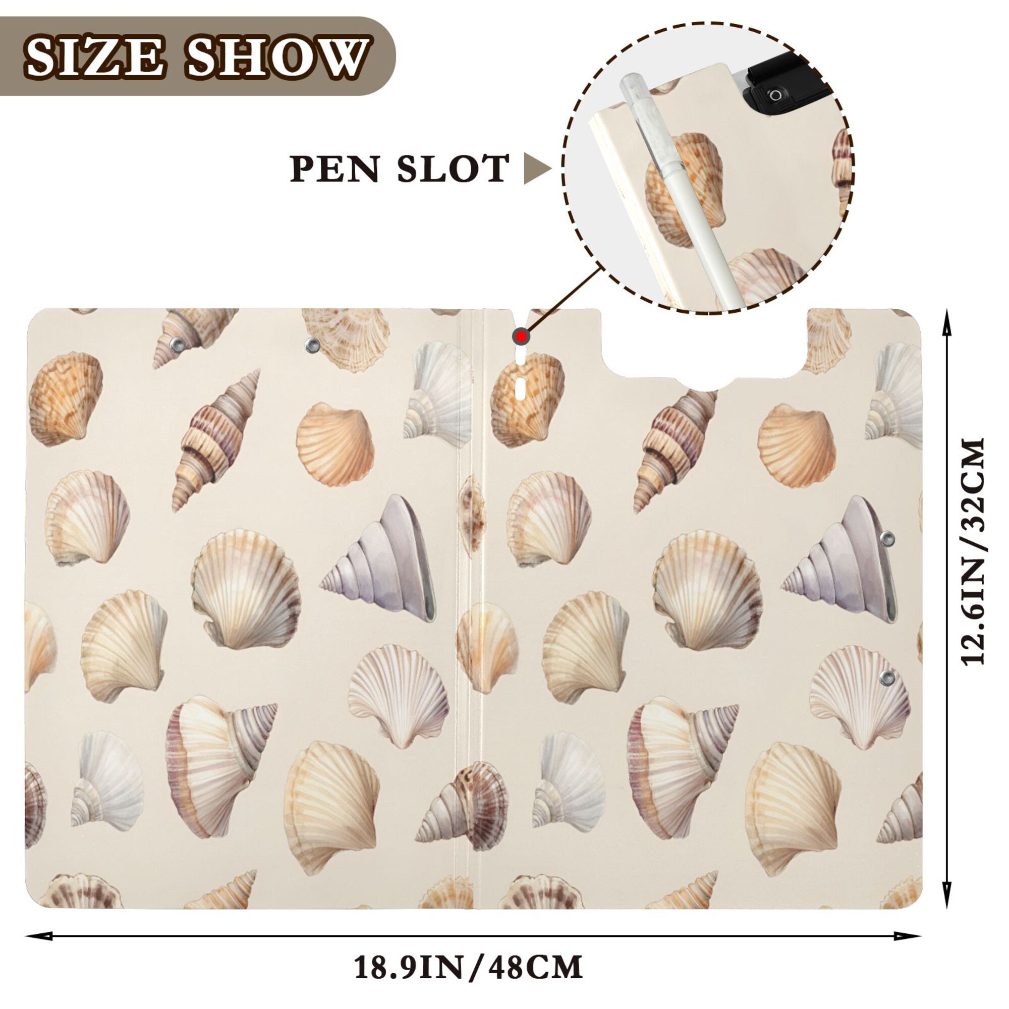 FORMRS A4 Clipboard Folder with Pen Holder Horizontal Foldable School Office Binder, Watercolor Seashells