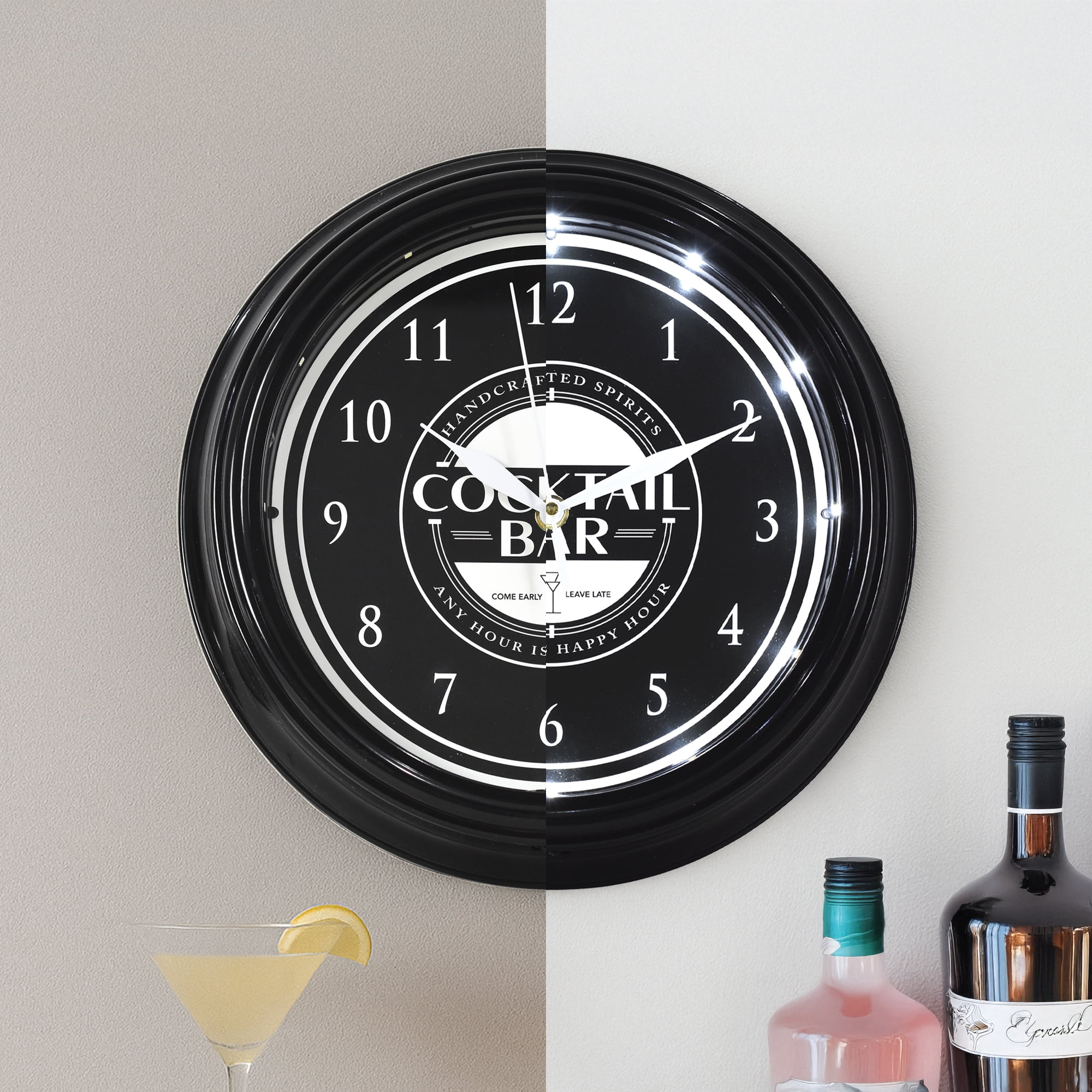American Art Decor Cocktail Bar LED Wall Clock - 12" Modern Wall Clock for Home, Happy Hour Bar Decor, Wall Clock for Living Room, Office, Game Room, Mancave, Garage (Black/White)