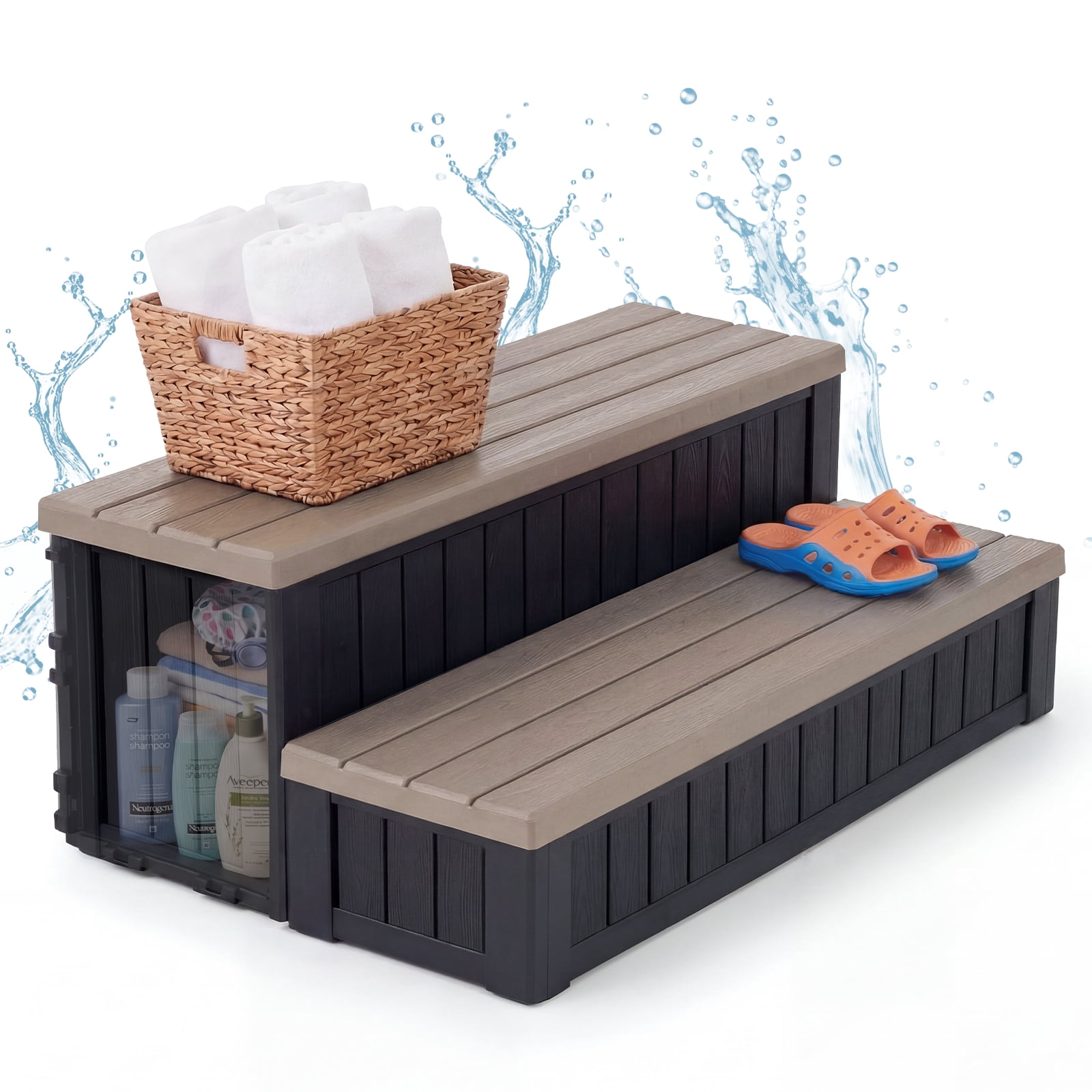 Dovov SPA Hot Tub Steps with Storage, Anti-Slip SPA Steps 36.6" Spa Hot Tub Storage Steps Indoor Outdoor Hot Tub Deck Step Swimming Pool Stairs, 780 lbs Capacity, Brown