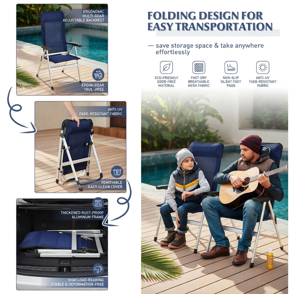 Hommoo 2-Pack Foldable Outdoor Dining Chairs with 7-Position Adjustable Backrest, Aluminum & Iron Patio Seating, Space-Saving Design, Navy Blue