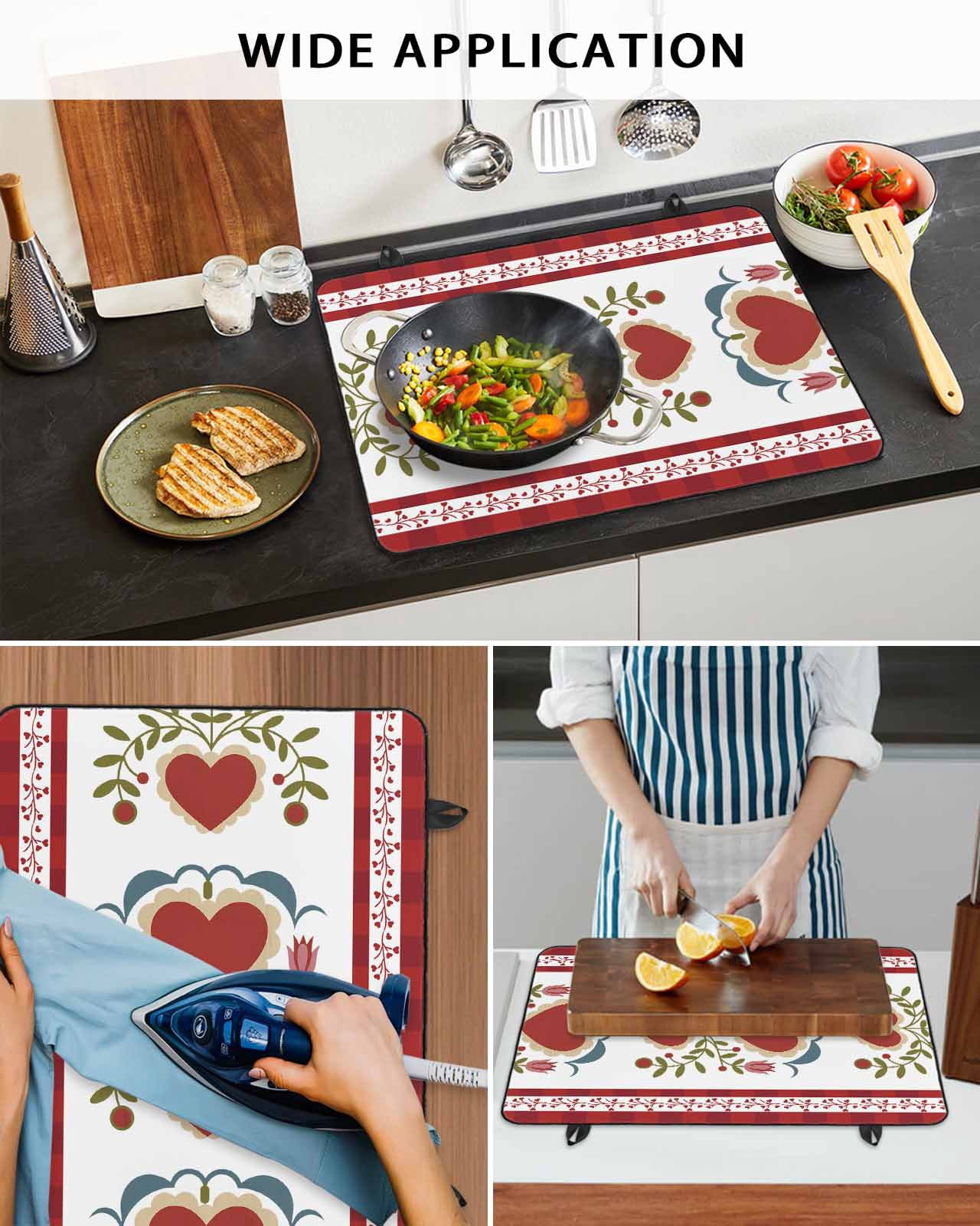 Large Induction Cooktop Protector Mat Red Love Stove Top Covers for Electric Stove, Valentine's Day Heart Leaves Floral Plants Decorative Stove Burner Cover Mats, Glass Top Stove Cover