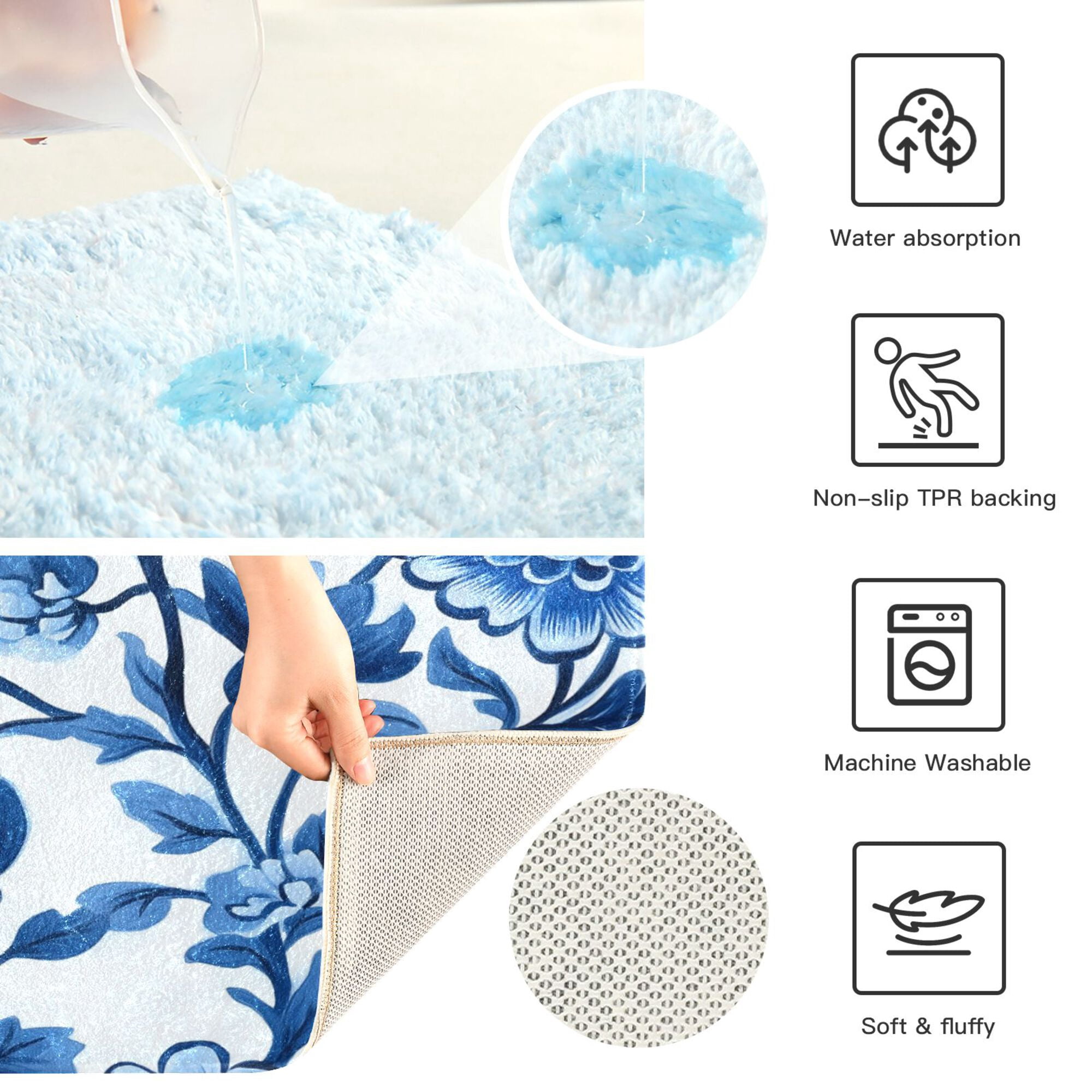 Yayeee Bath Rug for Bathroom Floor Non Slip Rectangle Fluffy Soft Absorbent Mat, 16"x24", Blue Floral Pattern
