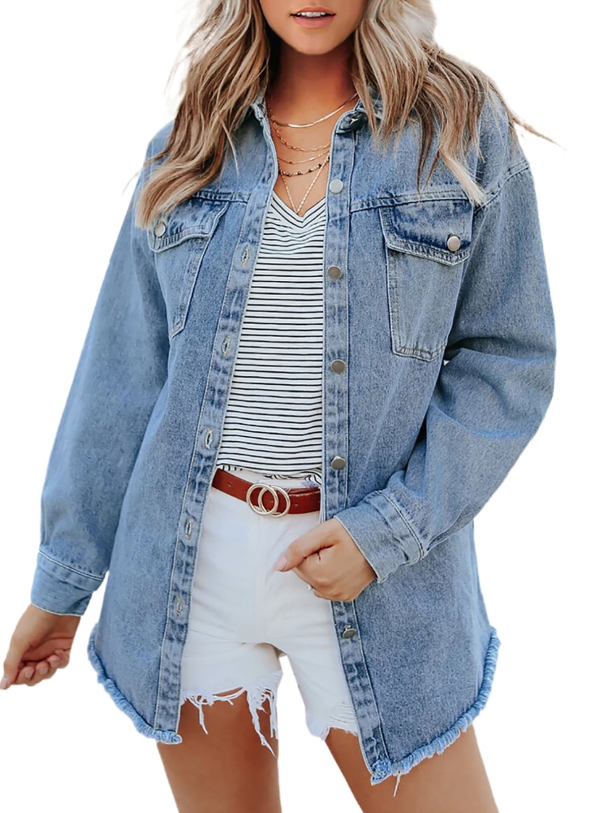 Eytino Denim Jacket for Women Long Sleeve Boyfriend Jean Jacket Loose Coat