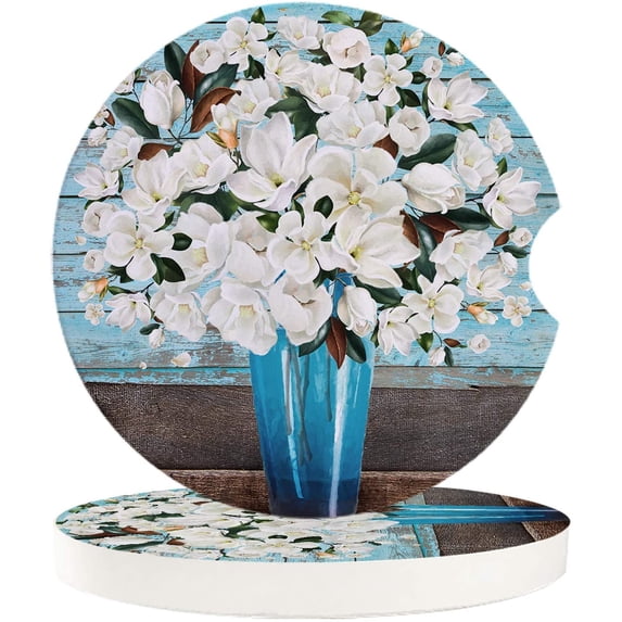 FMSHPON Oil Painting Style White Flower in Vase Set of 6 Car Coaster for Drinks, Absorbent Ceramic Stone Coasters Cup Mat with Cork Base for Home Kitchen Room Coffee Table Bar Decor