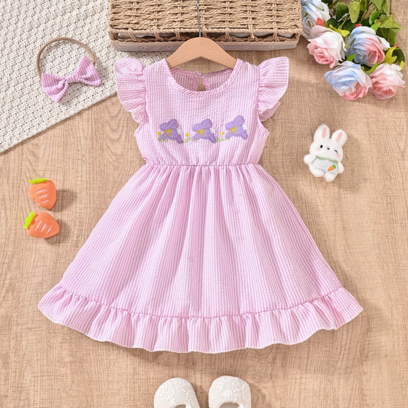 ZEHJHUAN Toddler Girls' Bunny Embroidered Dress, Short Sleeve A-Line Ruffle Hem Dress with Back Buttons Pink,3-6M