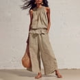 thumbnail image 2 of GILIGEGE Women's Linen 2 Piece Outfits,Sleeveless Ruffle Waist Top Flowy Wide Leg Pants,Elastic Neckline,Loungewear Beach Travel Sets,Summer Boho Outfits for Vacation & Home Khaki, 2 of 6