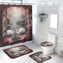 Swans Shower Curtain Set White Swans Couple Outside Window Scenery Waterproof Fabric Cloth Bath Curtain, Non-Slip Bathroom Rugs Bath Mats, 72x72 Inch