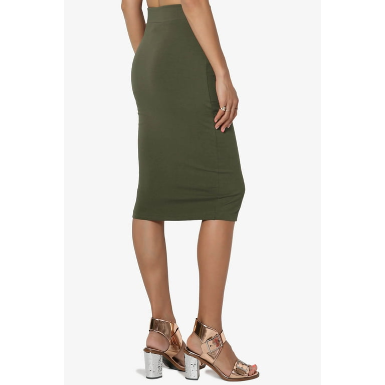 TheMogan Women s Basic Comfort Stretch Cotton Elastic High Waist Knee Midi Pencil Skirt Olive 3X Walmart