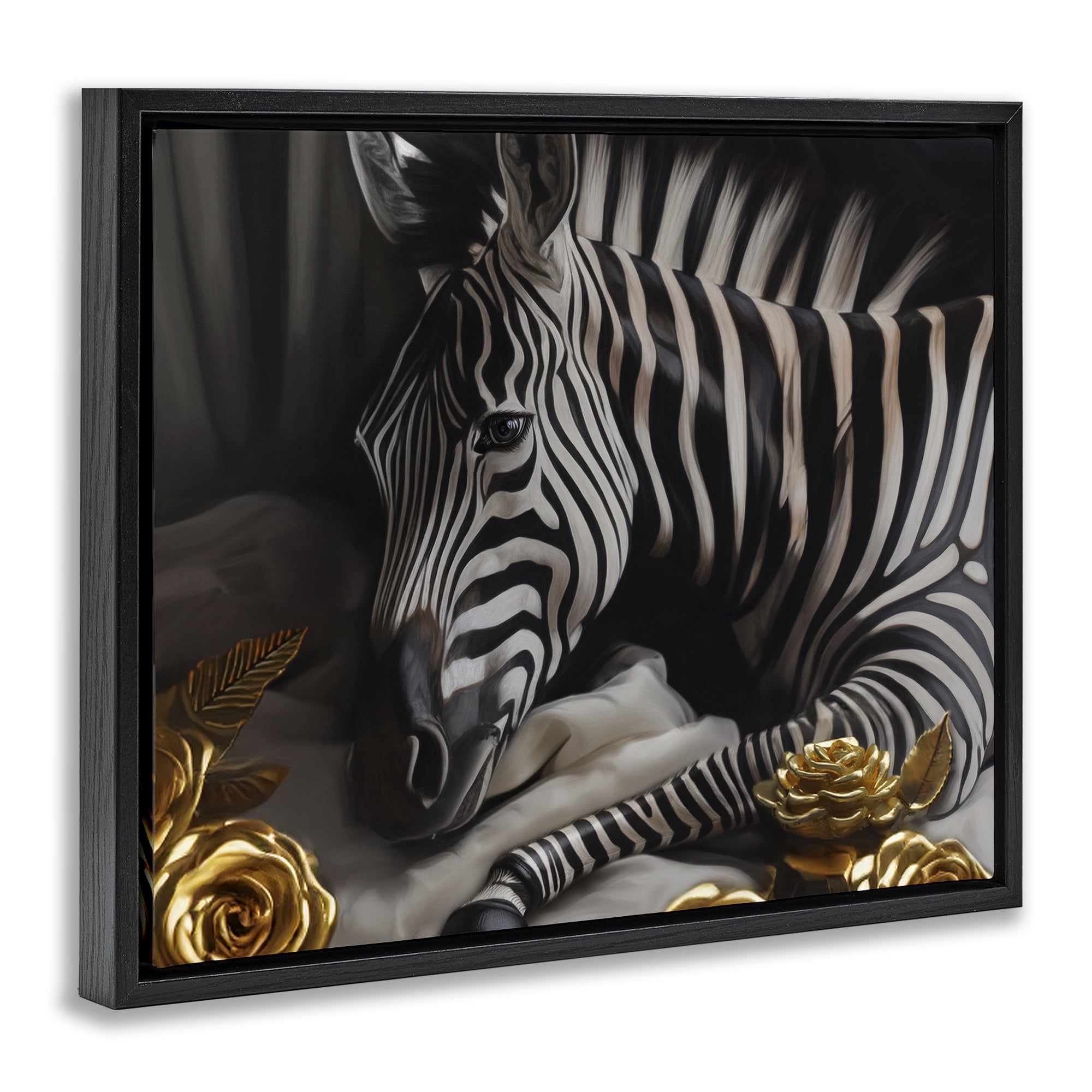 Stupell Industries Zebra with Gold Flowers Animals Painting Black Floater Framed Canvas Art Print Wall Art, 31 x 25