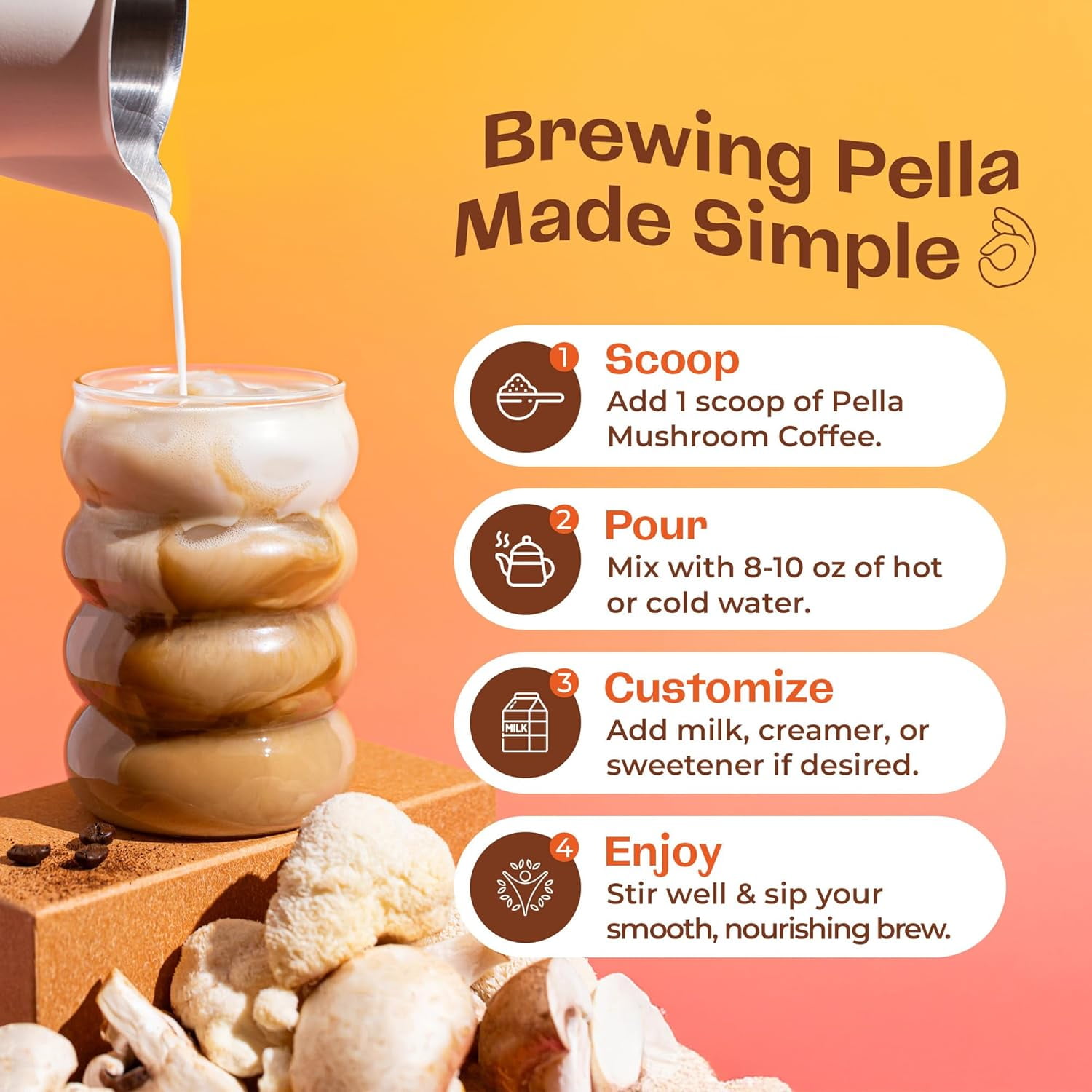 Pella Nutrition Mushroom Instant Coffee w/ Lion's Mane & More, Low Caffeine Blend, 6.3 oz (60 Cups)