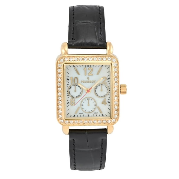 Peugeot Women's 14K Gold Plated Square Dress Watch with European Crystals and Black Leather Band