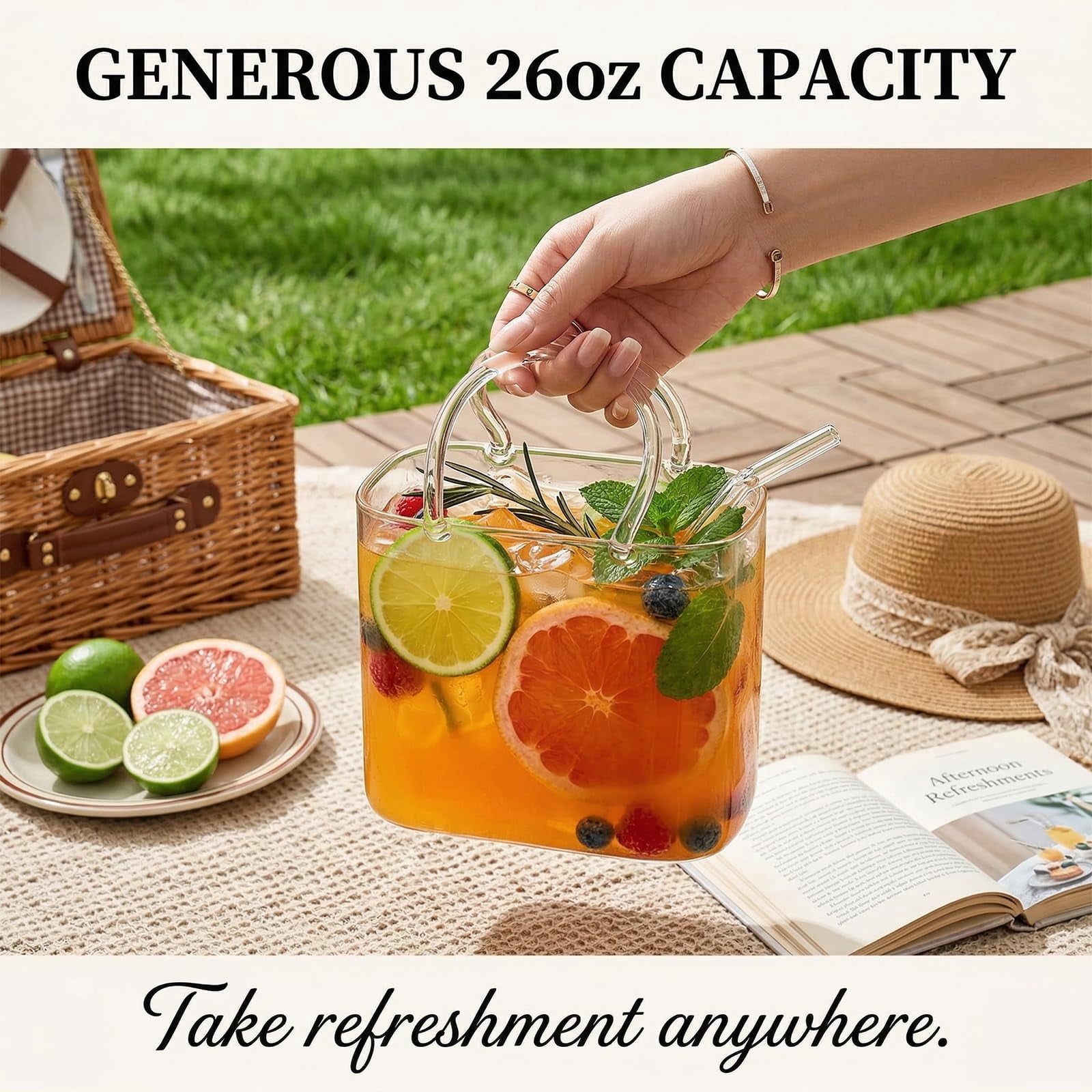 KANOHENO 27 oz Glass Purse for Drinks Set,Unique Wine Drinking Glasses with Straw for Juice,Iced Tea,Cute Gifts for Mother,Party Bar Decor & Flower Vase