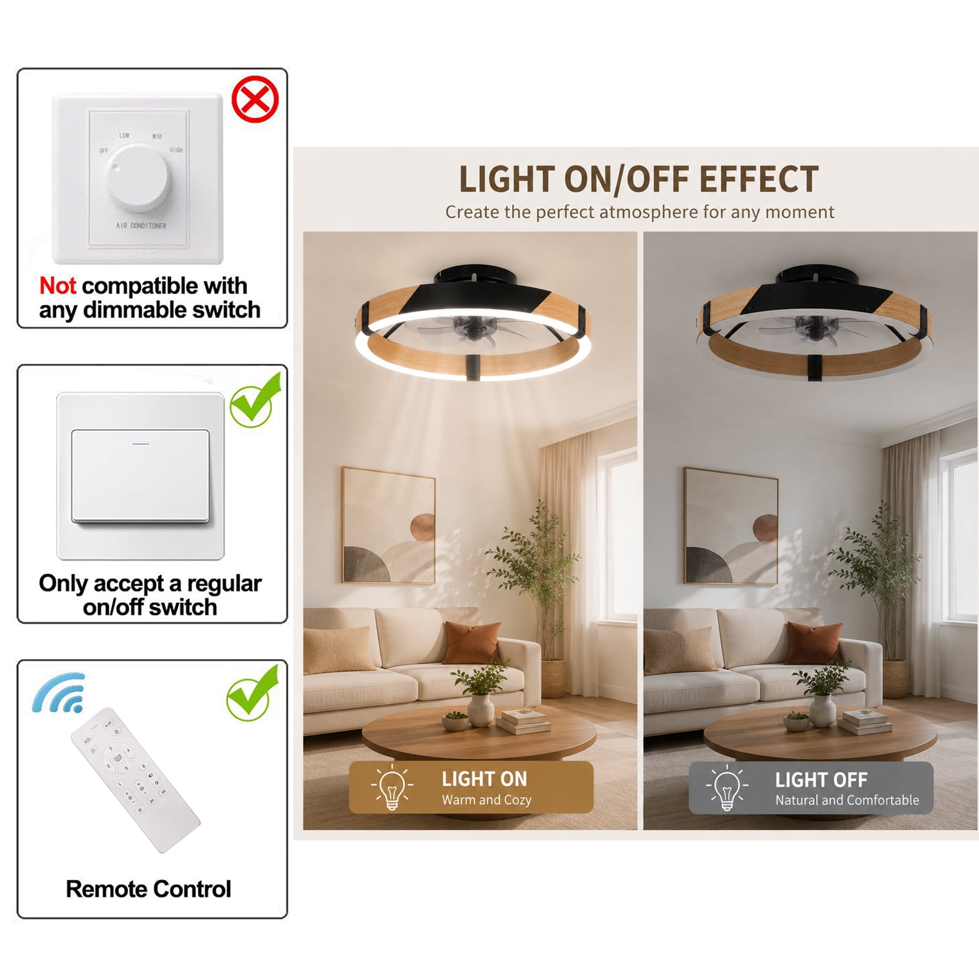 Garwarm 20" Modern Ceiling Fan with Lights and Remote, Dimmable LED Flush Mount Fandelier, Low Profile Ceiling Fan, 6-Speed Reversible Black Wood Fan for Bedroom, Living Room