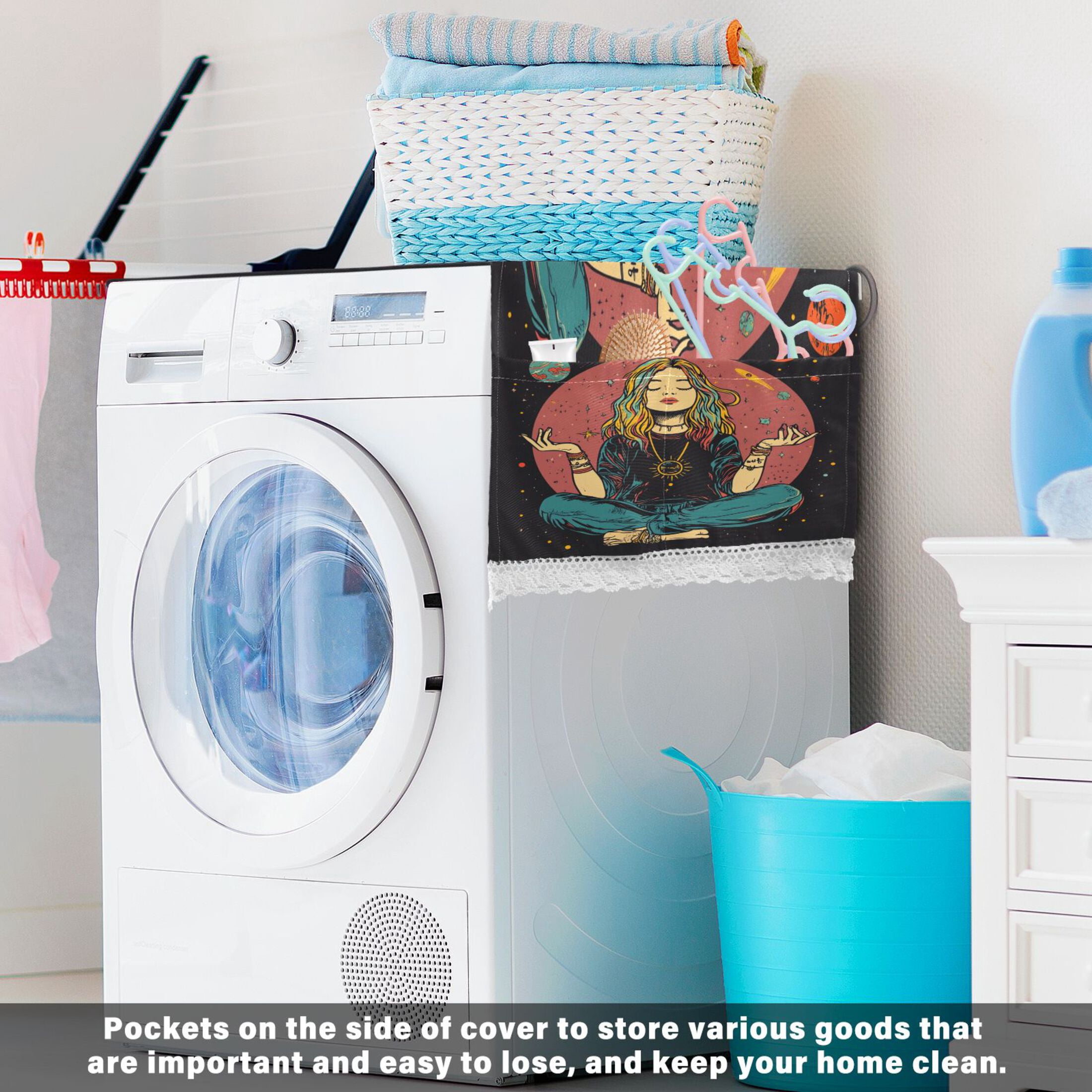 WOBOGO Meditating Woman Outer Space Washing Machine Cloth Dryer Refrigerator Top Cover Protective Non-Slip Mat For Kitchen Laundry