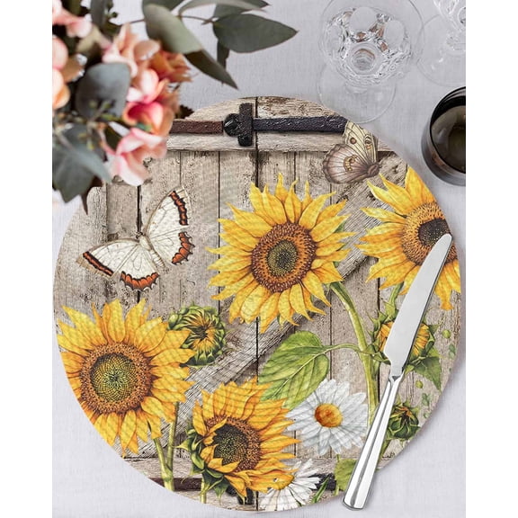 13 Inch Round Placemats Set of 4, Farmhouse Sunflowers Non Slip Heat Insulation PP Table Mats, Rustic Barn Doors Flowers Butterfly Wooden Washable Place Mats for Kitchen Dining Party Table Decor