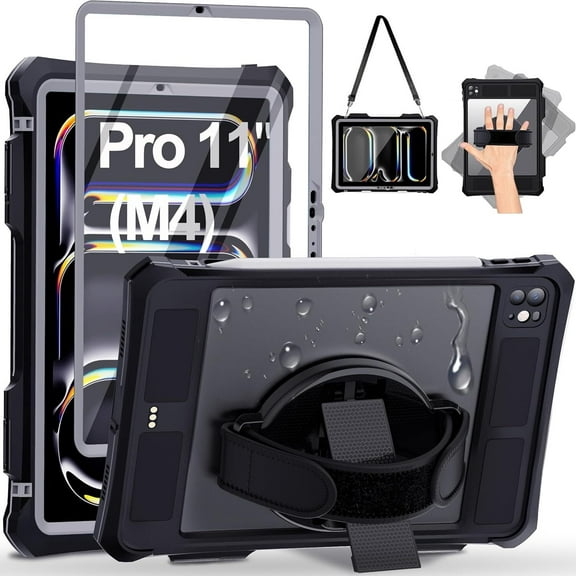 AICase Case for iPad Pro 11 Inch 2024 5th Generation with Screen Protector, Waterproof Case for iPad Pro 11 M4 2024 with Pencil Holder & Stand & Shoulder Strap & Handle, Full-Body Rugged Cover, Black