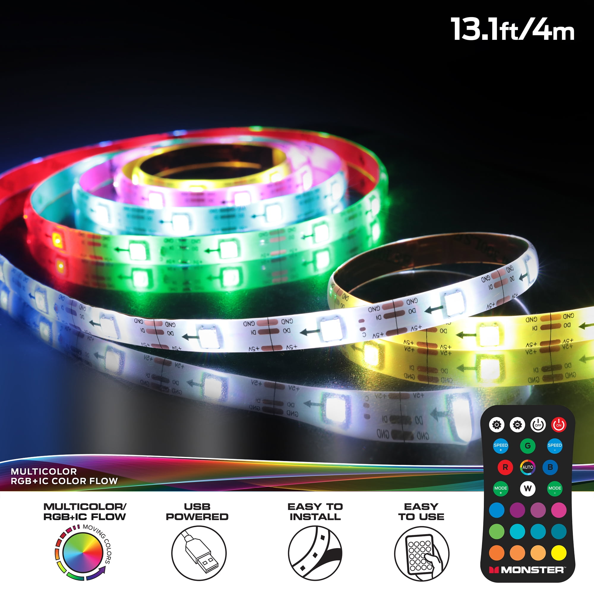  Monster 13ft Multi-Color Flow LED Rainbow Light Strip,  Customizable Colors/Flash Modes/Brightness with Included Remote Control,  Backlight HDTVs, Bedroom, Xtreme Easy Assembly : Tools & Home Improvement