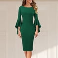 thumbnail image 2 of cfhntfmh Robes Moulantes pour Femmes Robe Cocktail Ajustée à Col Rond Manches Longues Mode Robe Crayon Midi Manches à Volants 3/4, 2 of 5
