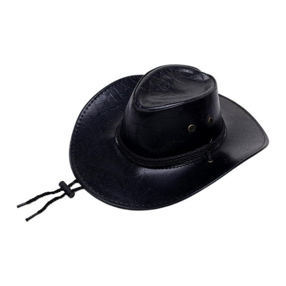 Western Cowboy Hat for Men Durable Pu Leather Hats Versatile Outdoor Sun Hat Black