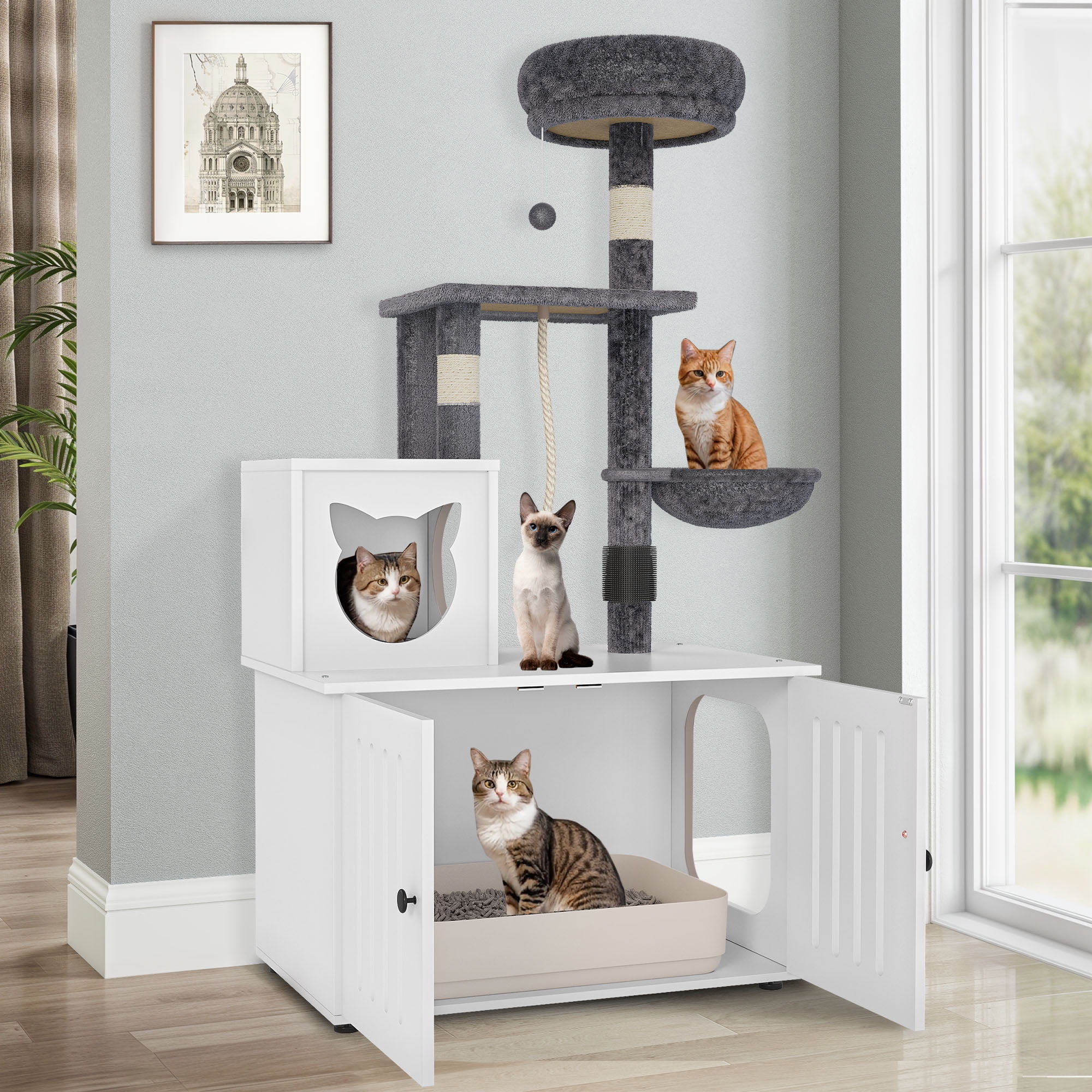 Dextrus 2-in-1 Cat Tree with Litter Box Enclosure,53.5" Large Modern Cat Condo with Scratching Posts, Perch, Food Station, Hammocks, Scratch Post, White